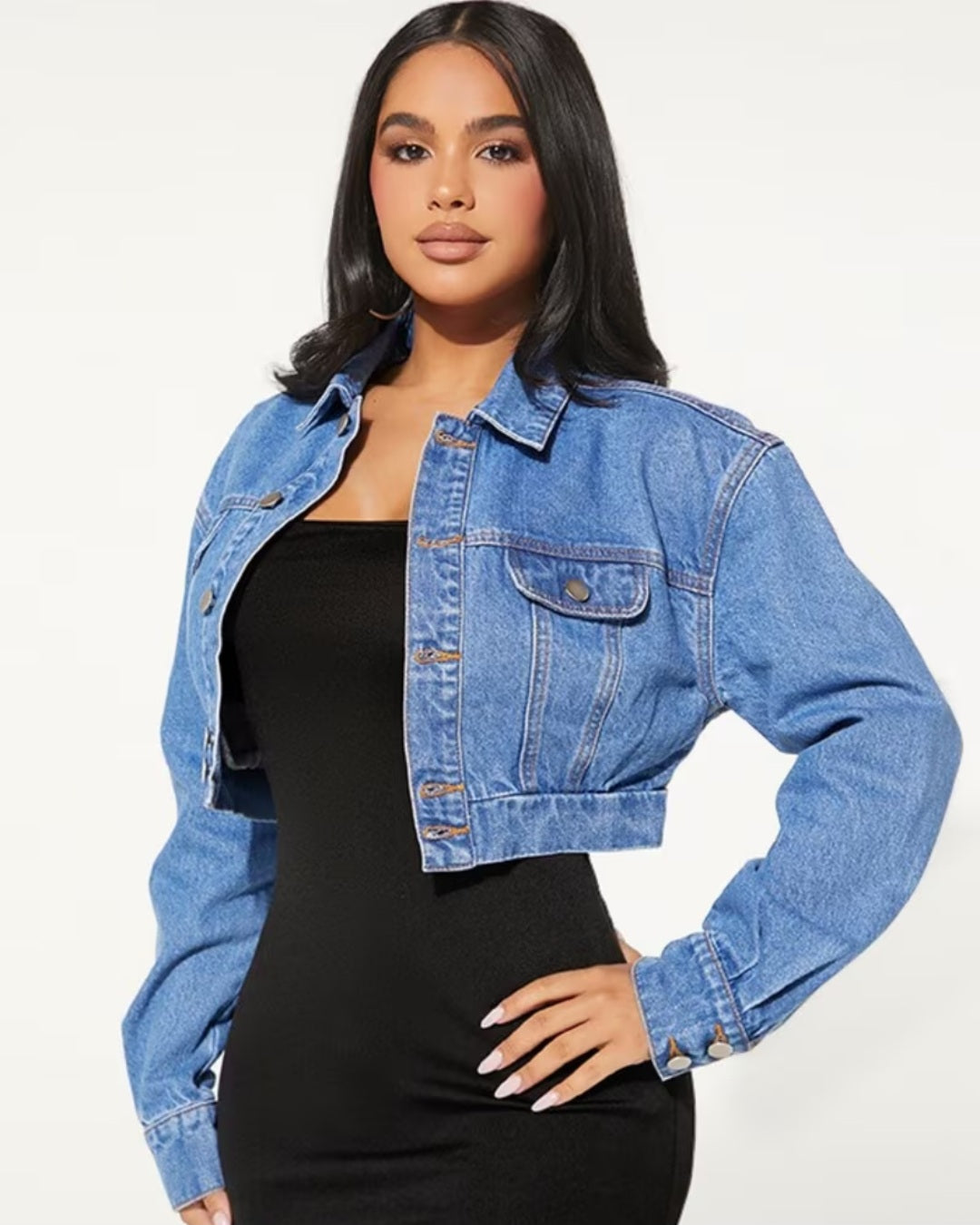 Elegant Cropped Denim Jacket for Women – Light Blue
