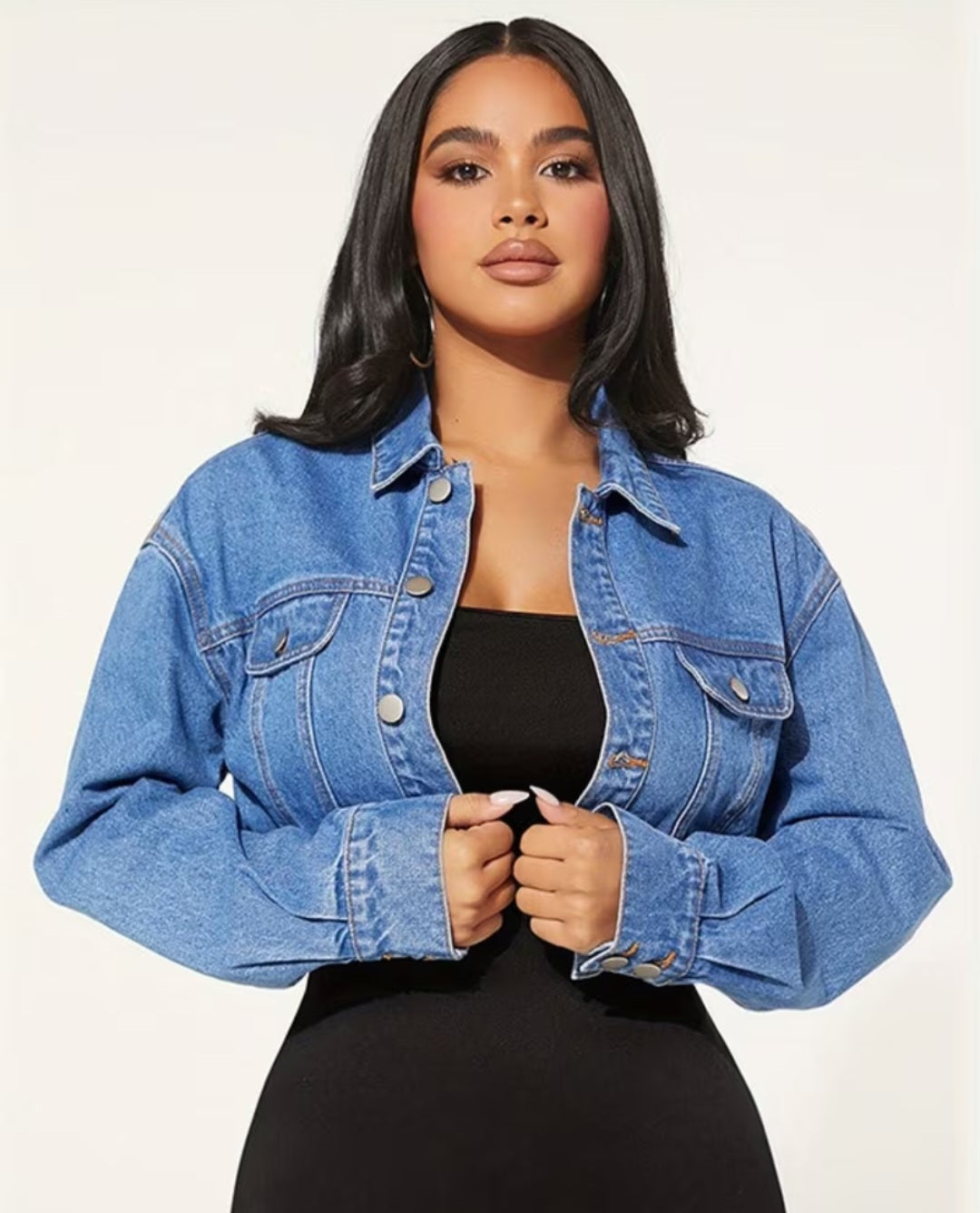 Elegant Cropped Denim Jacket for Women – Light Blue